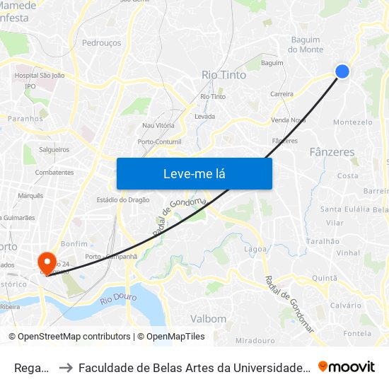 Regadas to Faculdade de Belas Artes da Universidade do Porto map