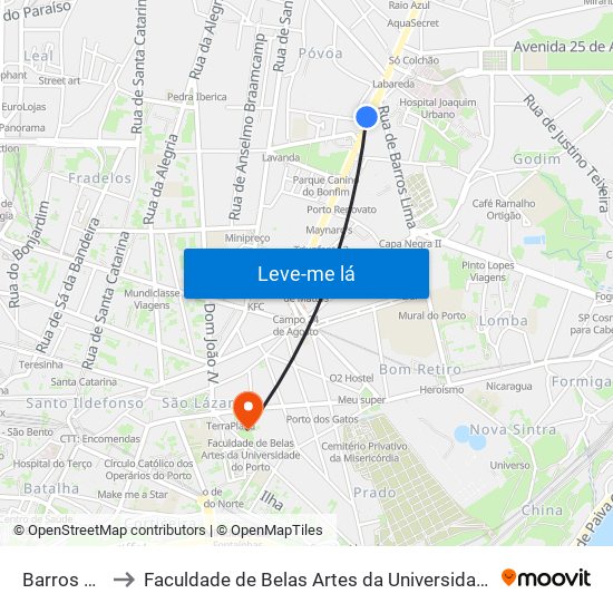 Barros Lima to Faculdade de Belas Artes da Universidade do Porto map