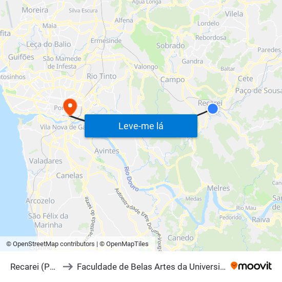 Recarei (Portela) to Faculdade de Belas Artes da Universidade do Porto map