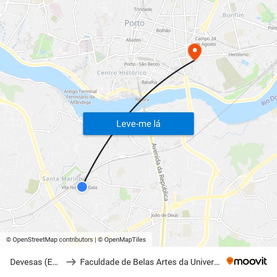 Devesas (Estação) to Faculdade de Belas Artes da Universidade do Porto map