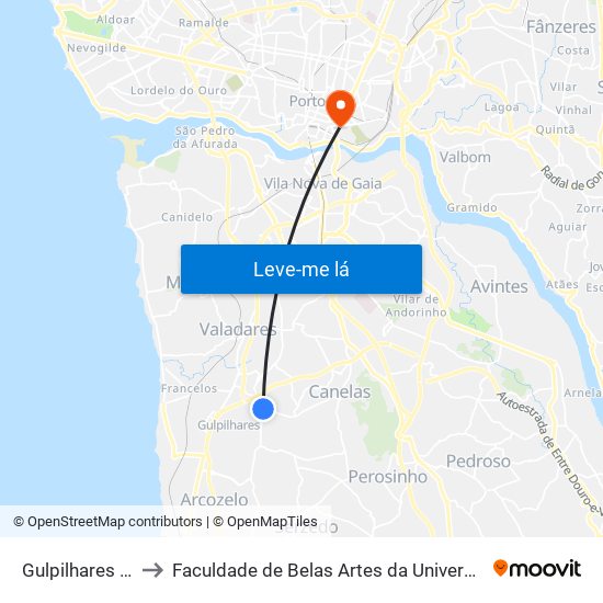 Gulpilhares - Viúva to Faculdade de Belas Artes da Universidade do Porto map