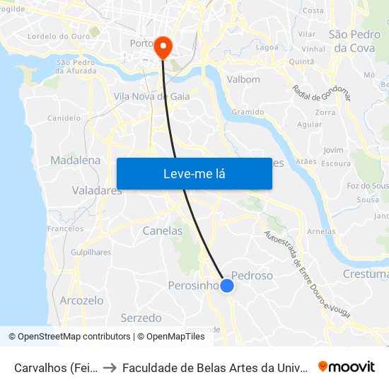 Carvalhos (Feira Nova) to Faculdade de Belas Artes da Universidade do Porto map