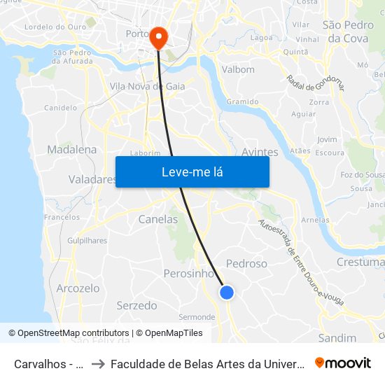 Carvalhos - CEPSA to Faculdade de Belas Artes da Universidade do Porto map