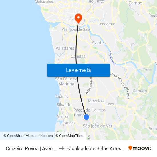 Cruzeiro Póvoa to Faculdade de Belas Artes da Universidade do Porto map