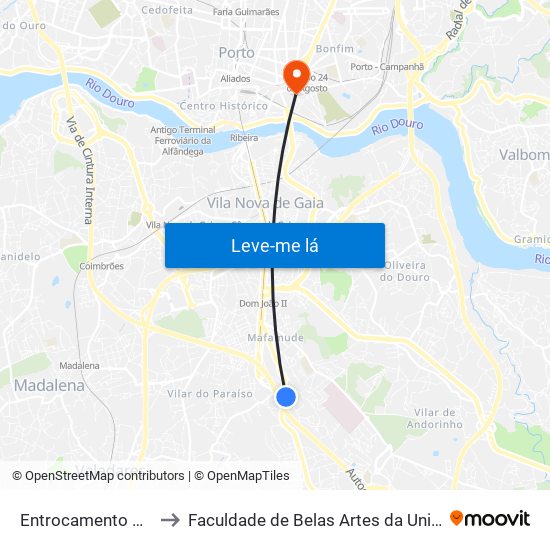 Entrocamento da Palmeira to Faculdade de Belas Artes da Universidade do Porto map