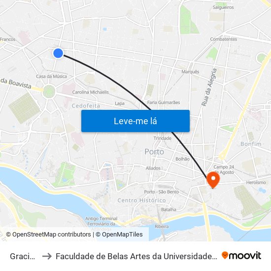 Graciosa to Faculdade de Belas Artes da Universidade do Porto map