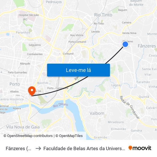 Fânzeres (Metro) to Faculdade de Belas Artes da Universidade do Porto map