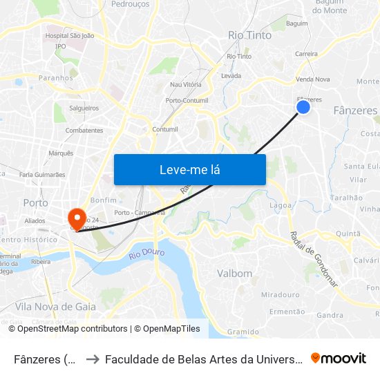 Fânzeres (Metro) to Faculdade de Belas Artes da Universidade do Porto map