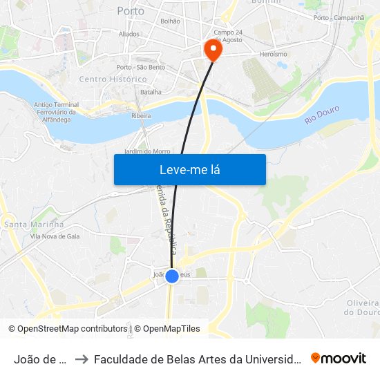 João de Deus to Faculdade de Belas Artes da Universidade do Porto map