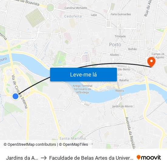 Jardins da Arrábida to Faculdade de Belas Artes da Universidade do Porto map