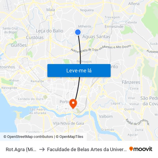 Rot.Agra (Milheirós) to Faculdade de Belas Artes da Universidade do Porto map