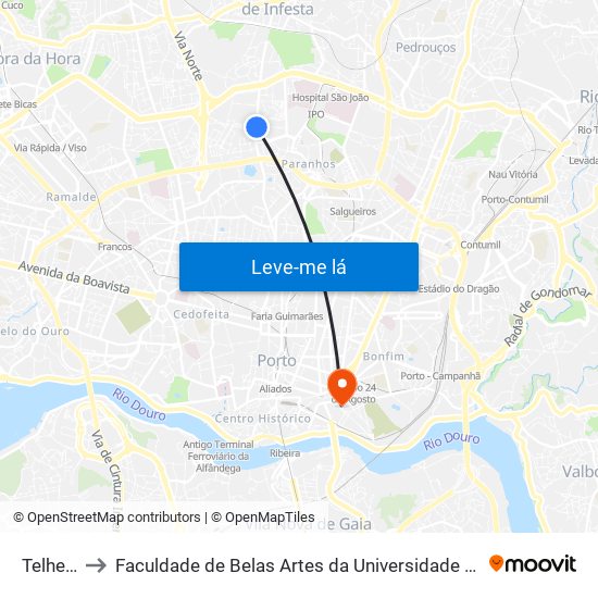 Telheira to Faculdade de Belas Artes da Universidade do Porto map