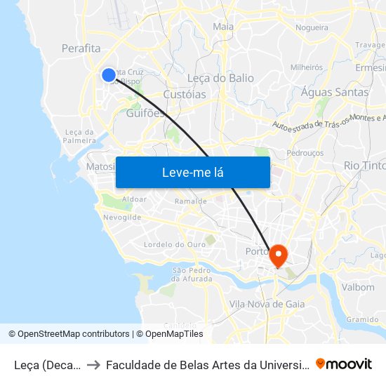 Leça (Decathlon) to Faculdade de Belas Artes da Universidade do Porto map