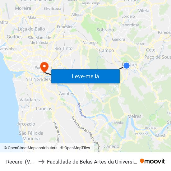 Recarei (Valteve) to Faculdade de Belas Artes da Universidade do Porto map