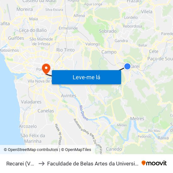 Recarei (Valvide) to Faculdade de Belas Artes da Universidade do Porto map