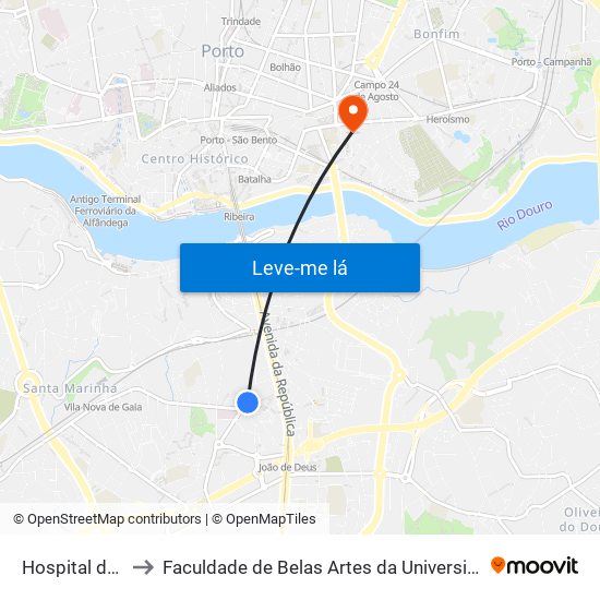 Hospital de Gaia to Faculdade de Belas Artes da Universidade do Porto map