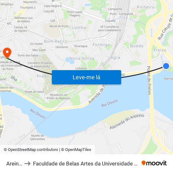 Areinho to Faculdade de Belas Artes da Universidade do Porto map