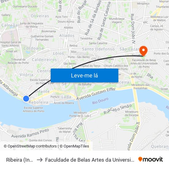 Ribeira (Infante) to Faculdade de Belas Artes da Universidade do Porto map