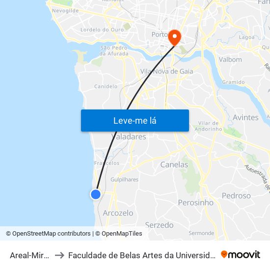 Areal-Miramar to Faculdade de Belas Artes da Universidade do Porto map
