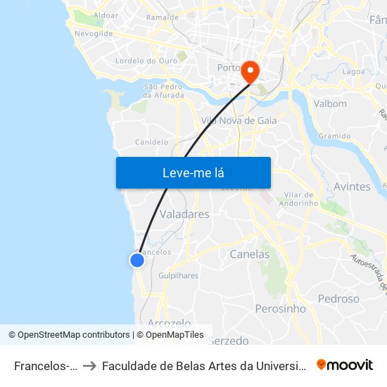 Francelos-Praia to Faculdade de Belas Artes da Universidade do Porto map