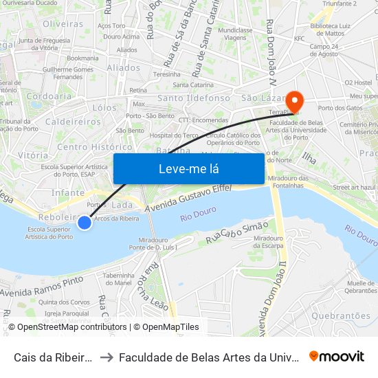 Cais da Ribeira (Porto) to Faculdade de Belas Artes da Universidade do Porto map