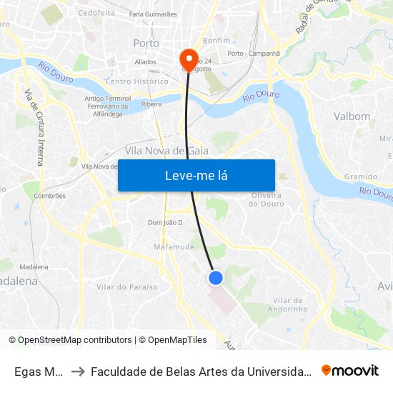 Egas Moniz to Faculdade de Belas Artes da Universidade do Porto map