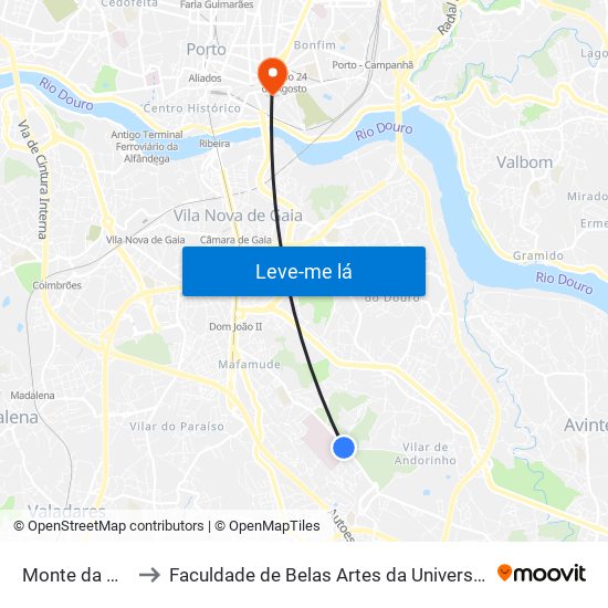 Monte da Virgem to Faculdade de Belas Artes da Universidade do Porto map