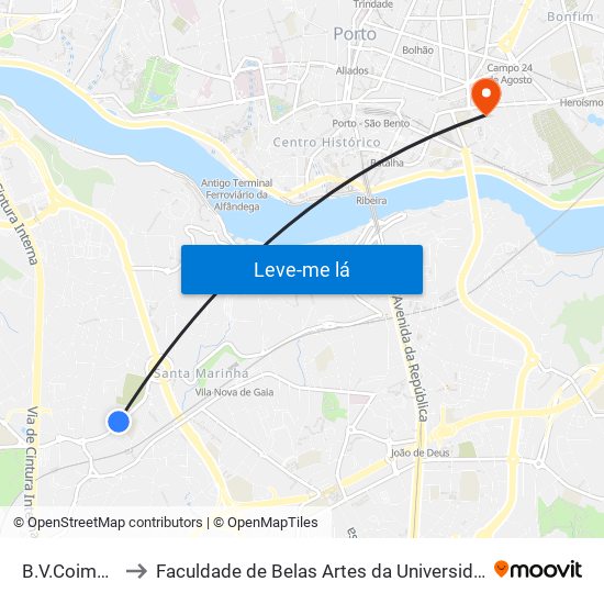 B.V.Coimbrões to Faculdade de Belas Artes da Universidade do Porto map