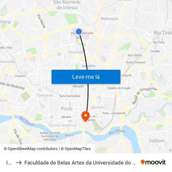 Ipo to Faculdade de Belas Artes da Universidade do Porto map