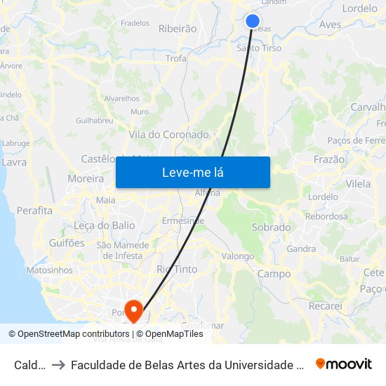 Caldas to Faculdade de Belas Artes da Universidade do Porto map