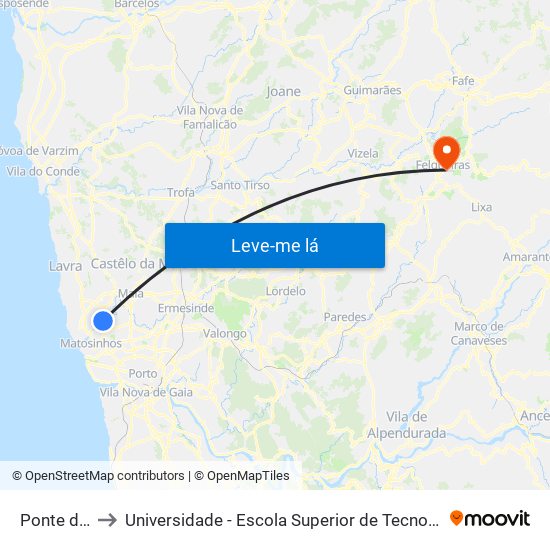 Ponte do Carro to Universidade - Escola Superior de Tecnologia e Gestão de Felgueiras map