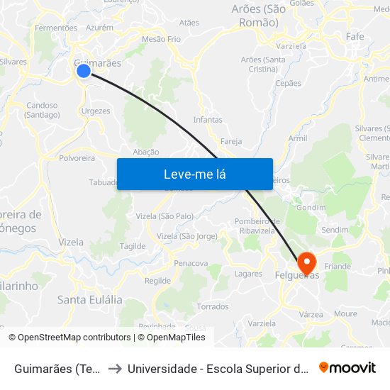 Guimarães (Terminal Rodoviário) to Universidade - Escola Superior de Tecnologia e Gestão de Felgueiras map