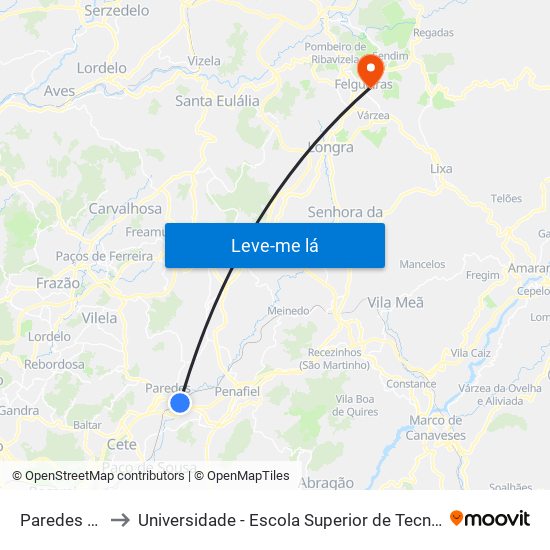 Paredes (Estação) to Universidade - Escola Superior de Tecnologia e Gestão de Felgueiras map