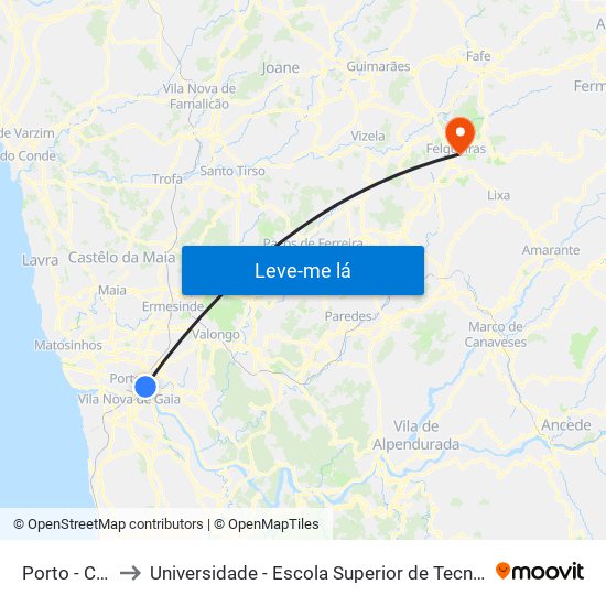 Porto - Campanhã to Universidade - Escola Superior de Tecnologia e Gestão de Felgueiras map