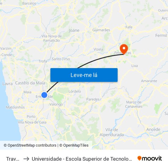 Travagem to Universidade - Escola Superior de Tecnologia e Gestão de Felgueiras map