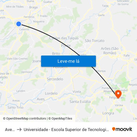 Aveleda to Universidade - Escola Superior de Tecnologia e Gestão de Felgueiras map