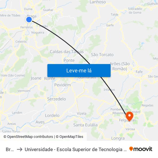 Braga to Universidade - Escola Superior de Tecnologia e Gestão de Felgueiras map