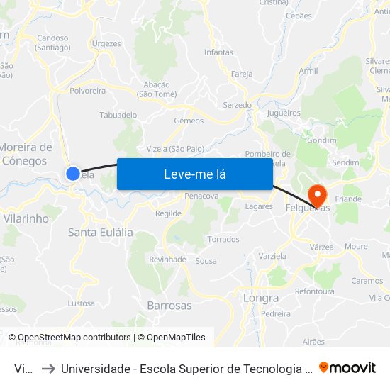Vizela to Universidade - Escola Superior de Tecnologia e Gestão de Felgueiras map