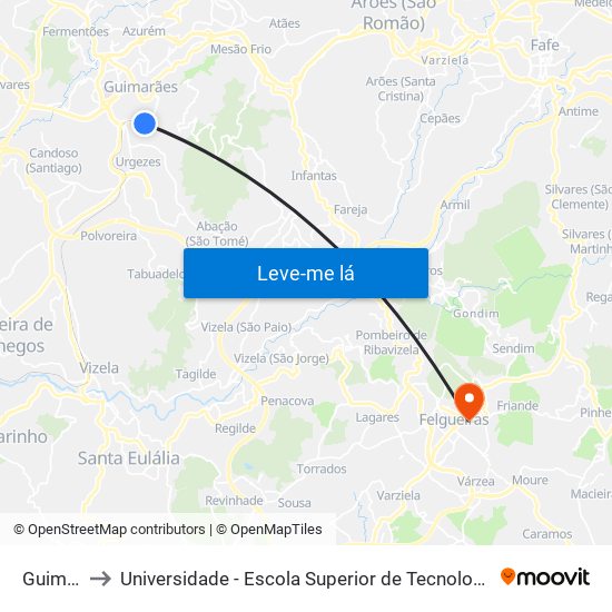 Guimarães to Universidade - Escola Superior de Tecnologia e Gestão de Felgueiras map