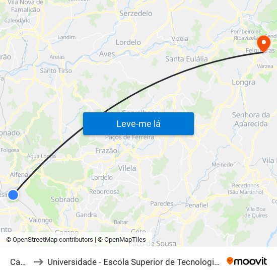 Cabeda to Universidade - Escola Superior de Tecnologia e Gestão de Felgueiras map