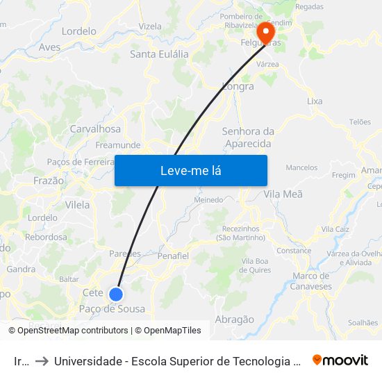 Irivo to Universidade - Escola Superior de Tecnologia e Gestão de Felgueiras map