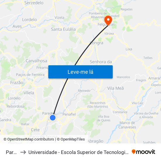 Paredes to Universidade - Escola Superior de Tecnologia e Gestão de Felgueiras map