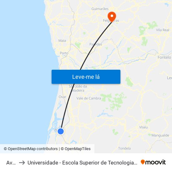 Aveiro to Universidade - Escola Superior de Tecnologia e Gestão de Felgueiras map