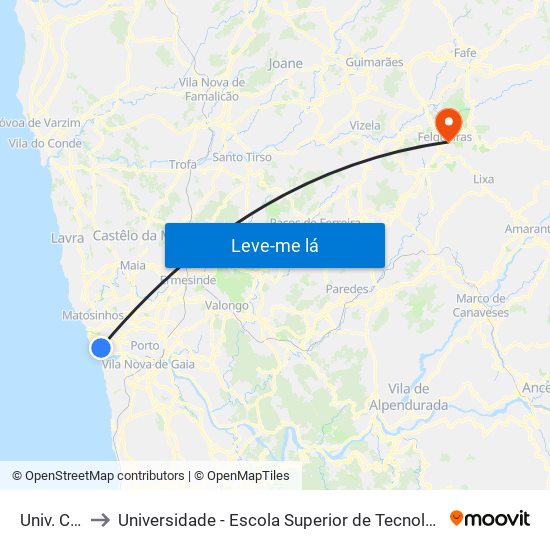 Univ. Católica to Universidade - Escola Superior de Tecnologia e Gestão de Felgueiras map