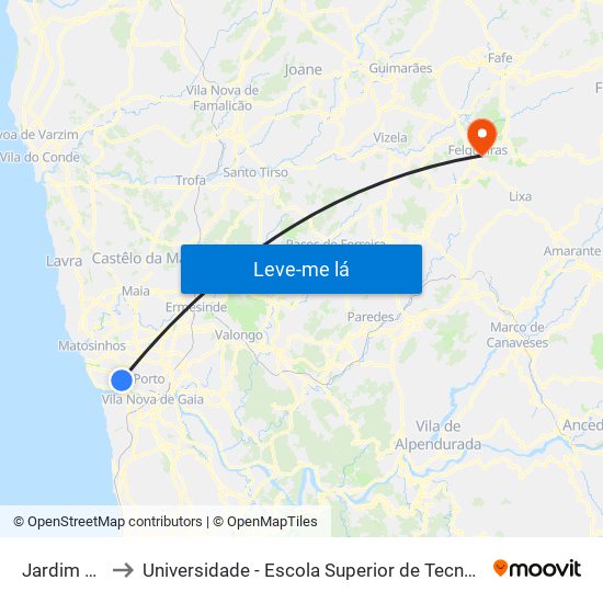 Jardim Botânico to Universidade - Escola Superior de Tecnologia e Gestão de Felgueiras map