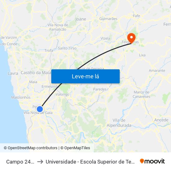 Campo 24 de Agosto to Universidade - Escola Superior de Tecnologia e Gestão de Felgueiras map