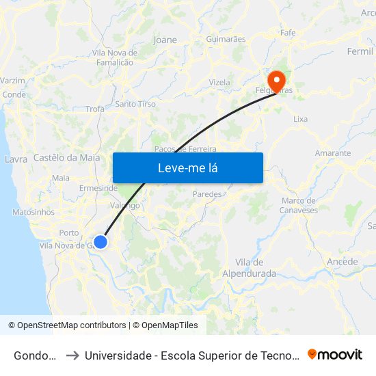 Gondomarinho to Universidade - Escola Superior de Tecnologia e Gestão de Felgueiras map