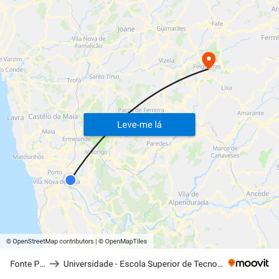 Fonte Pedrinha to Universidade - Escola Superior de Tecnologia e Gestão de Felgueiras map