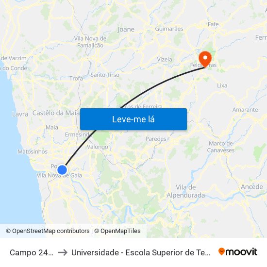 Campo 24 de Agosto to Universidade - Escola Superior de Tecnologia e Gestão de Felgueiras map