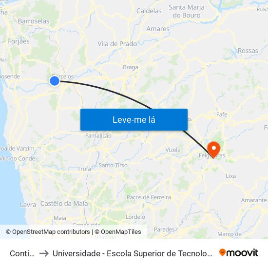 Continente to Universidade - Escola Superior de Tecnologia e Gestão de Felgueiras map